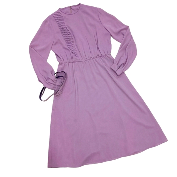 Vintge 70s Boho Long Sleeve Crepe Midi Belted  Dress Canadian Unionmade Purple - Picture 4 of 16